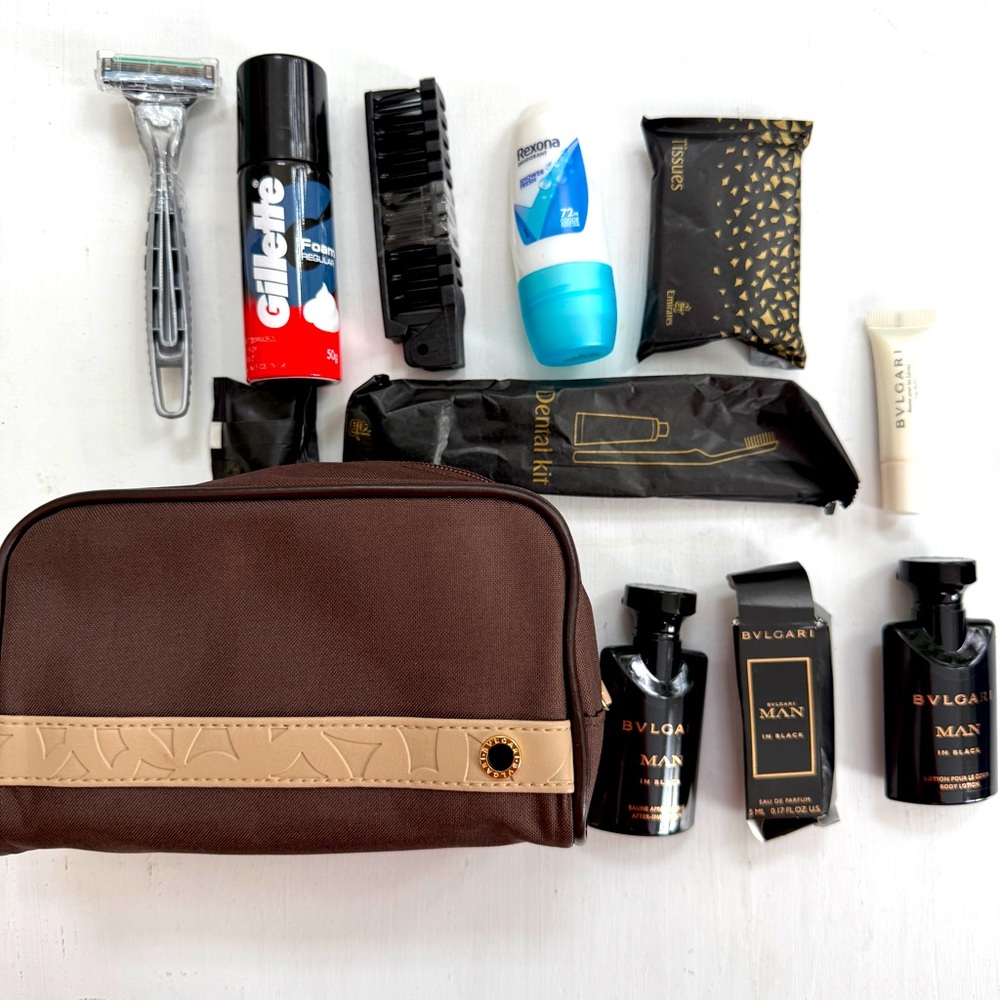 New Bulgari Business Class travel amenity zip-up pouch for Emirates